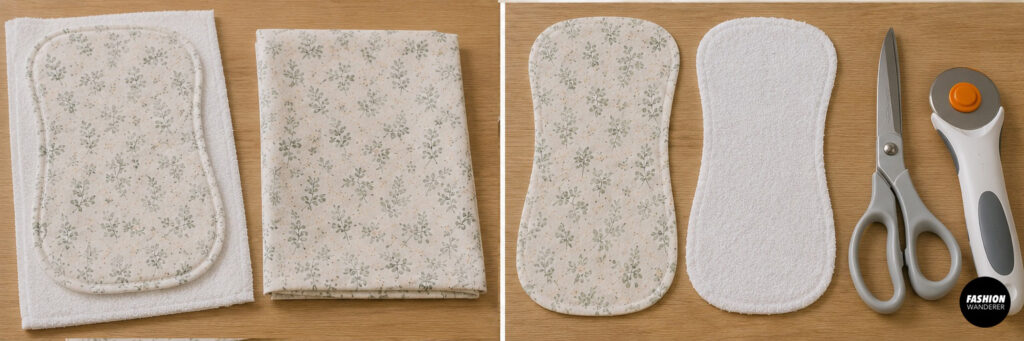 Cut matching curved baby burp cloth pieces from floral cotton and absorbent terry cloth using scissors or a rotary cutter.