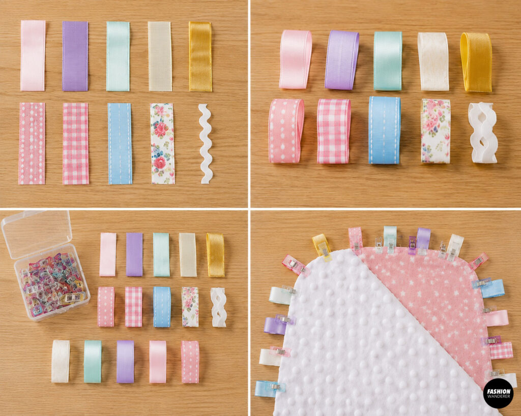Top-down collage of colorful satin, grosgrain, gingham, floral, polka-dot, and ric-rac ribbons cut into short pieces, folded into loops, and arranged on a wooden table.