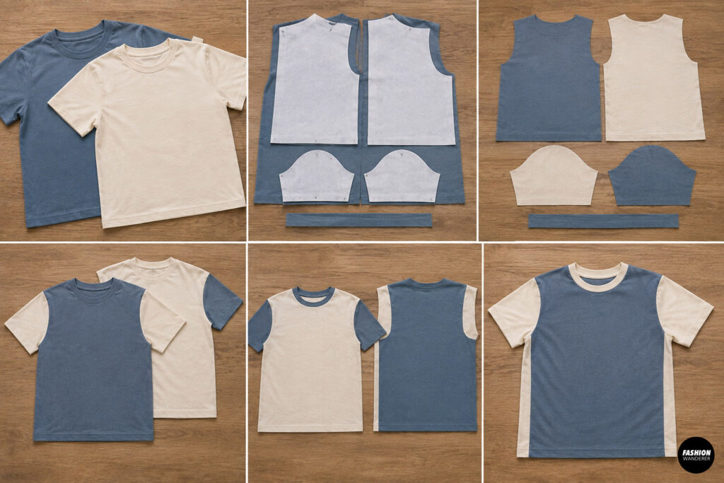 Step-by-step collage showing T-shirt pattern pieces pinned to fabric, cut blue and cream panels, and the layout for creating a color-block T-shirt with contrasting sleeves and side panels.