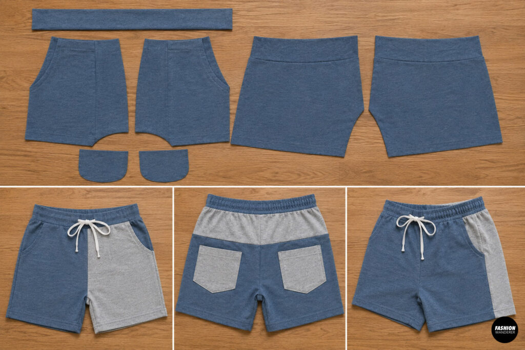 Flat lay of shorts pattern pieces including fronts, backs, waistband, and pocket pieces cut from blue knit fabric, alongside finished examples of color-block shorts with front and back views.