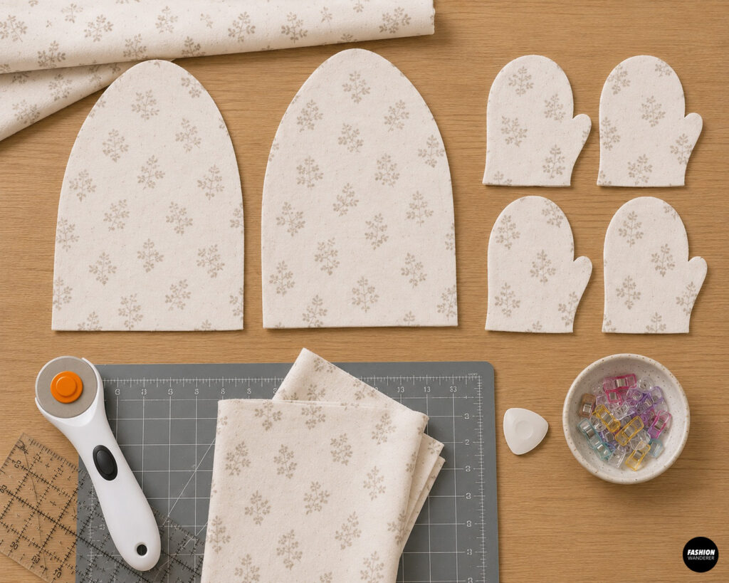 Beginner baby sewing project with cream floral knit fabric cut into baby knot hat and mitten pattern pieces using a rotary cutter and sewing clips.