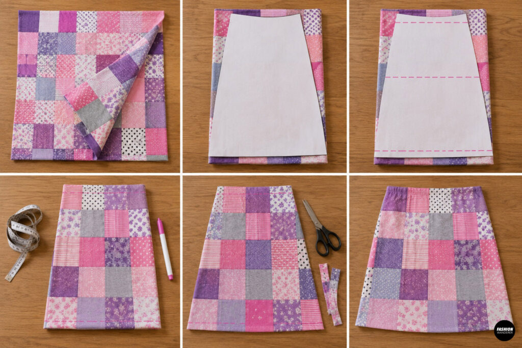 Sewing collage showing a skirt paper pattern piece on top of a patchwork fabric. Trace the existing skirt pattern to easily make your patchwork skirt pieces.
