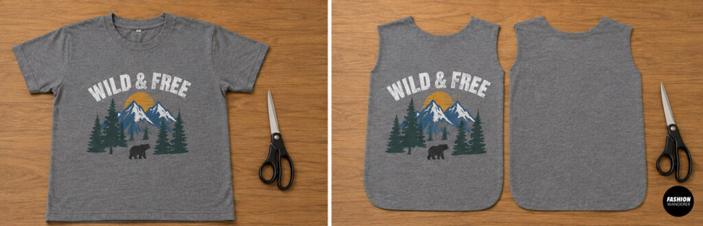 Side-by-side collage showing a gray graphic T-shirt before cutting and the finished front and back poncho panels after trimming. The rounded hem and sleeveless shape are prepared for assembling a kids' hooded poncho.