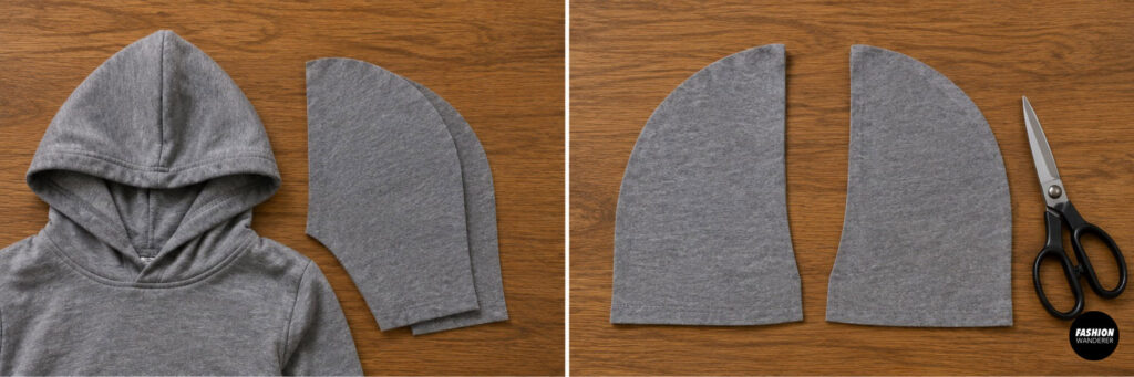 Four-photo collage demonstrating how to cut two matching hood pieces from a gray hoodie. The images show the original hood, fabric pieces cut into curved shapes, and the finished mirrored hood panels ready for sewing.