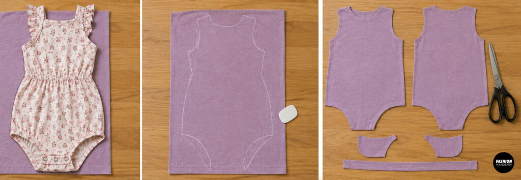 Flat lay collage showing a floral baby romper used as a sizing guide, pattern outlines traced onto a lavender T-shirt, and the completed front, back, ruffle sleeve, and neckband pieces ready for sewing.