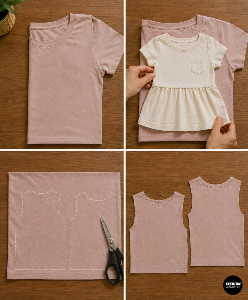 Using a child's dress as a guide to trace and cut the bodice pieces from an oversized pink T-shirt for a beginner DIY girls dress.