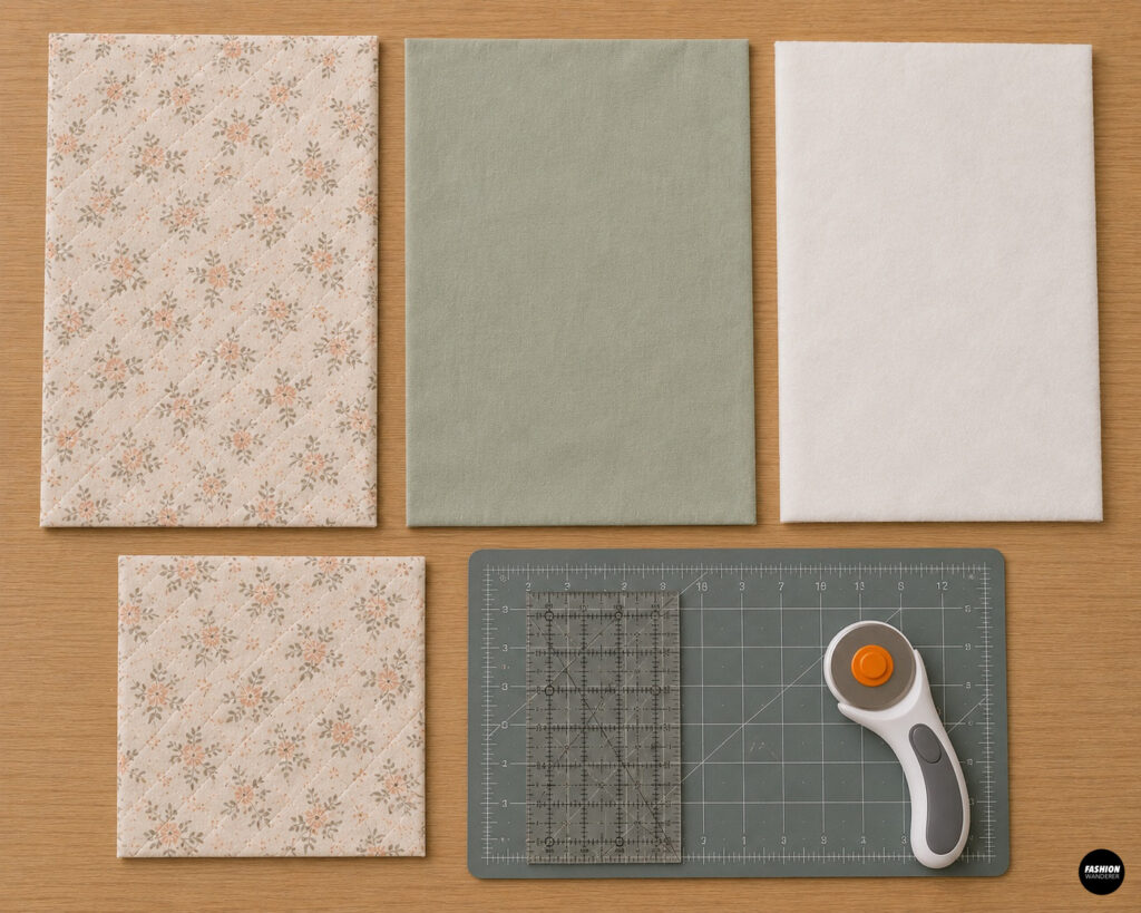 Floral exterior fabric, sage green lining, white fusible fleece, and pocket fabric cut and arranged with a rotary cutter, quilting ruler, and cutting mat for a beginner diaper and wipes clutch sewing project.