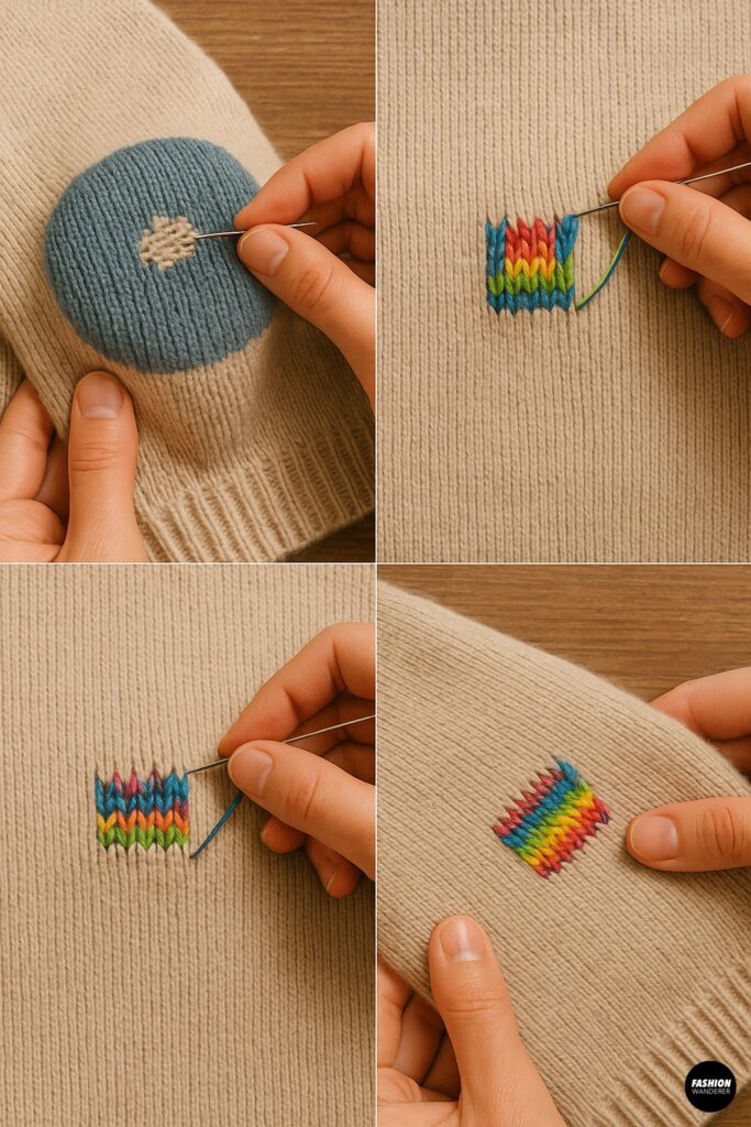 Collage of sweater darning repair using rainbow yarn, showing fabric stretched over a darning mushroom, stitching vertical warp threads, weaving horizontal lines, and the finished colorful patch.
