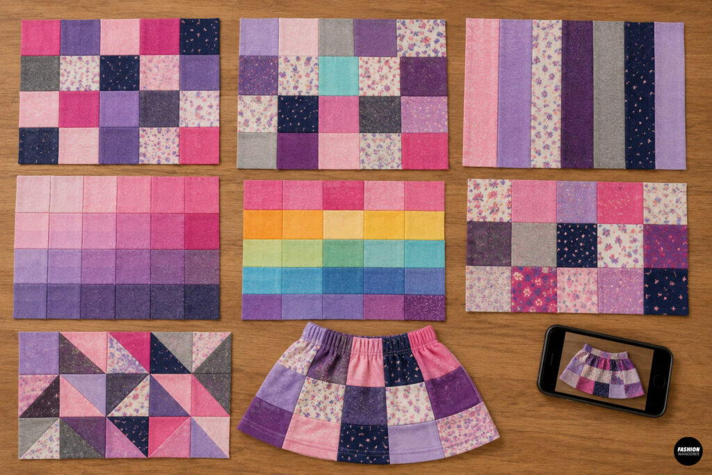 Collection of colorful patchwork layouts featuring checkerboard, striped, gradient, rainbow, and geometric block designs made from knit fabric squares, offering inspiration for creating unique patchwork skirts and sewing projects.