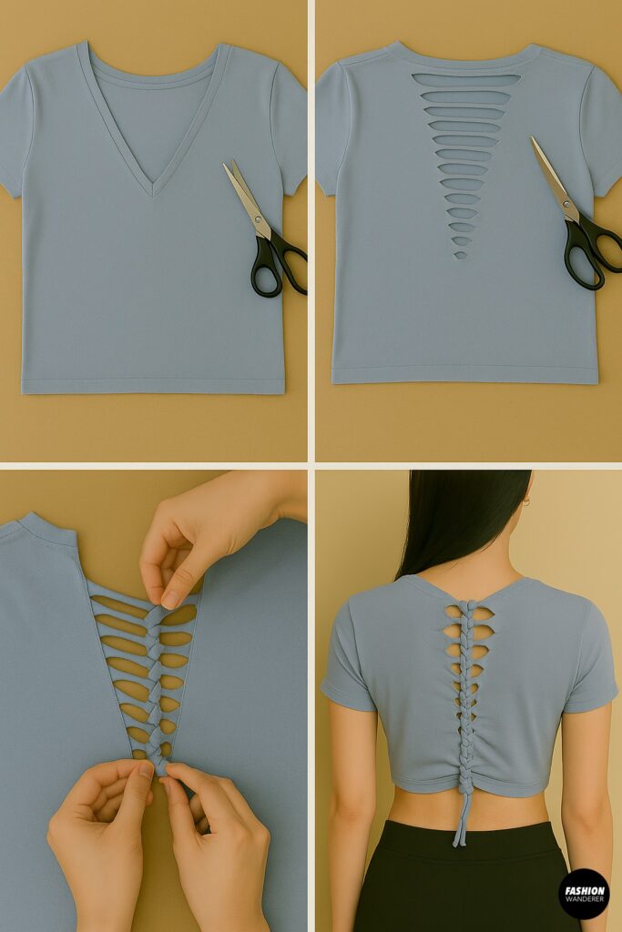 DIY braided back T-shirt tutorial showing how to cut and weave back strips into a braid design, finished as an edgy cropped tee styled with leggings.