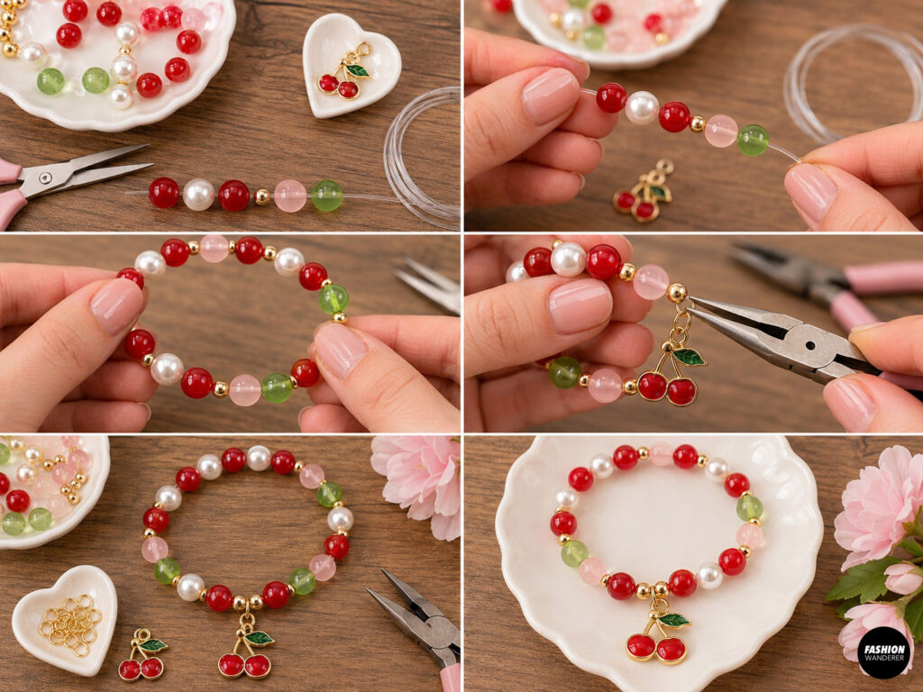 Diy cherry pearl inspired beaded bracelet