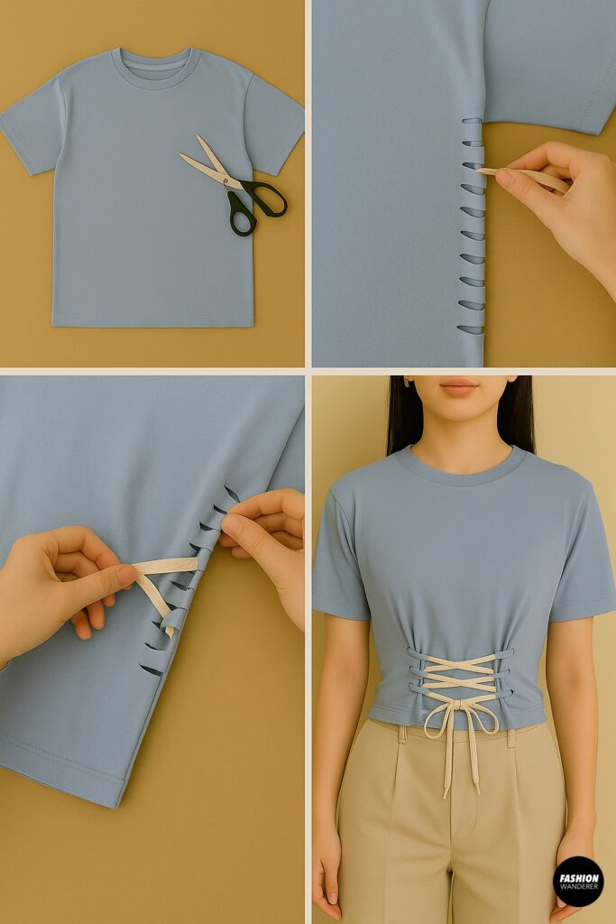 No-sew corset-inspired T-shirt DIY – step-by-step tutorial cutting side slits, threading ribbon through, and creating a cinched waist corset look on a casual blue tee.
