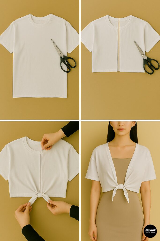 Step-by-step guide for making a no-sew crop shrug from a T-shirt, cutting the center front and tying panels, styled as a lightweight white shrug over a beige dress.