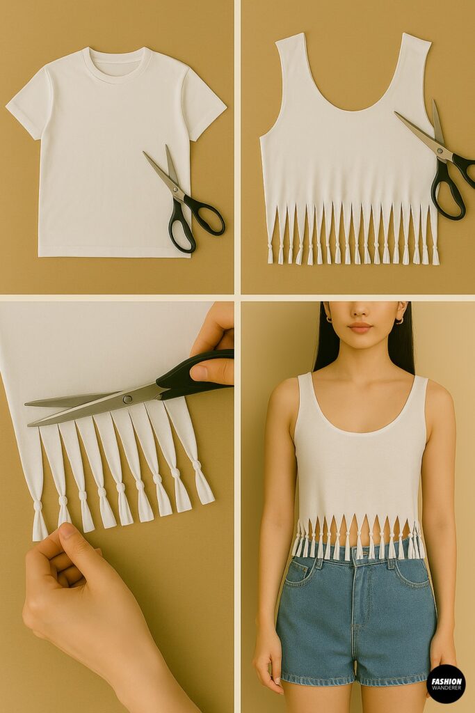 Step-by-step tutorial showing how to make a no-sew fringe tank top from a white T-shirt by cutting strips and tying knots, styled with denim shorts for a summer festival look.