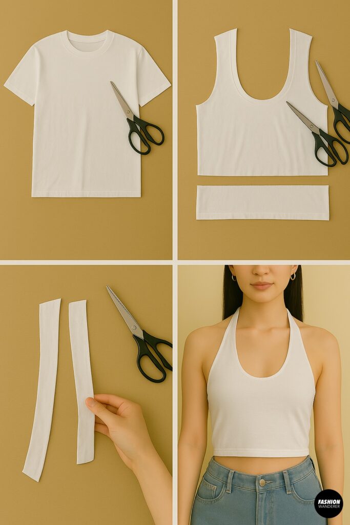 Step-by-step guide to turning a white T-shirt into a no-sew halter top by cutting armholes and tying straps, styled with denim jeans for a trendy summer look.