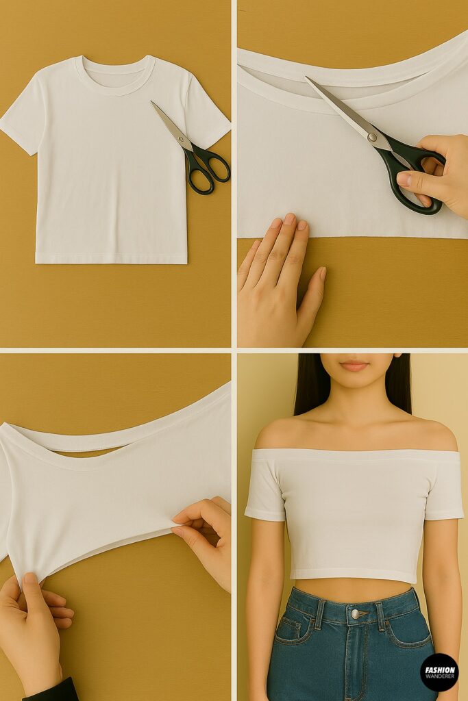 Step-by-step tutorial of cutting a white T-shirt into an off-shoulder crop top, showing neckline trimming and finished look styled with high-waisted jeans.
