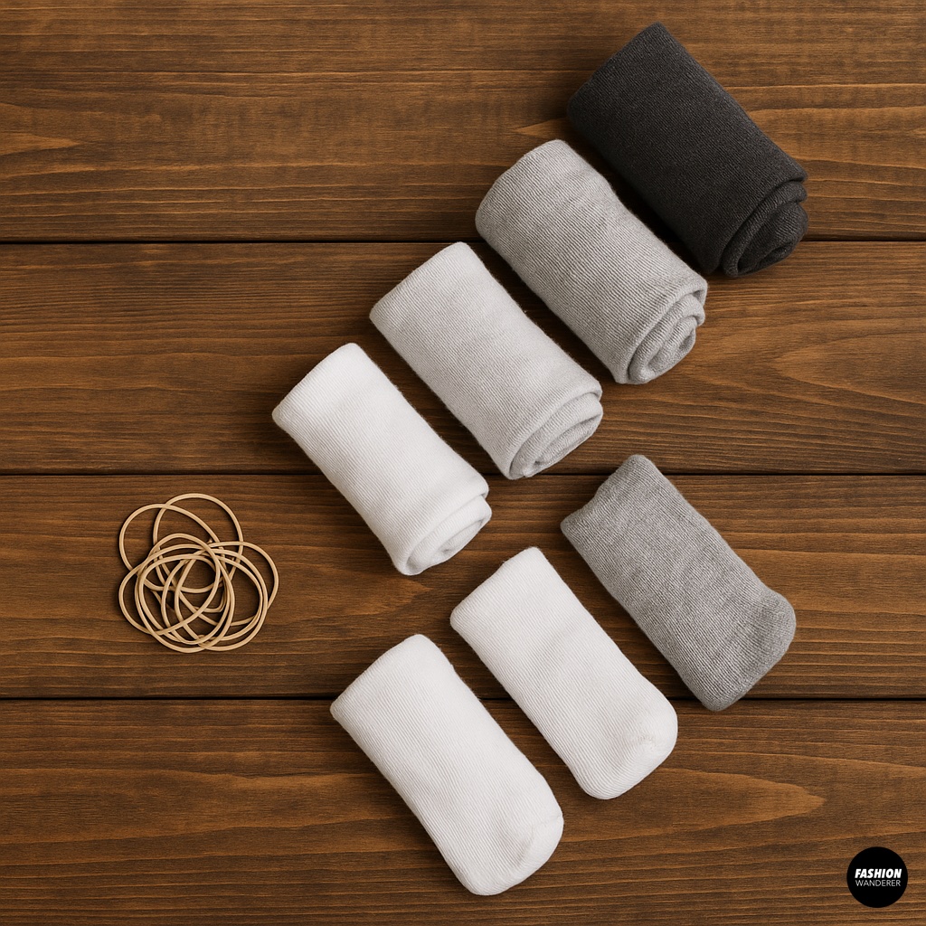 Rolled-up socks in different colors with rubber bands on a wooden surface for a homemade shoe stretcher.