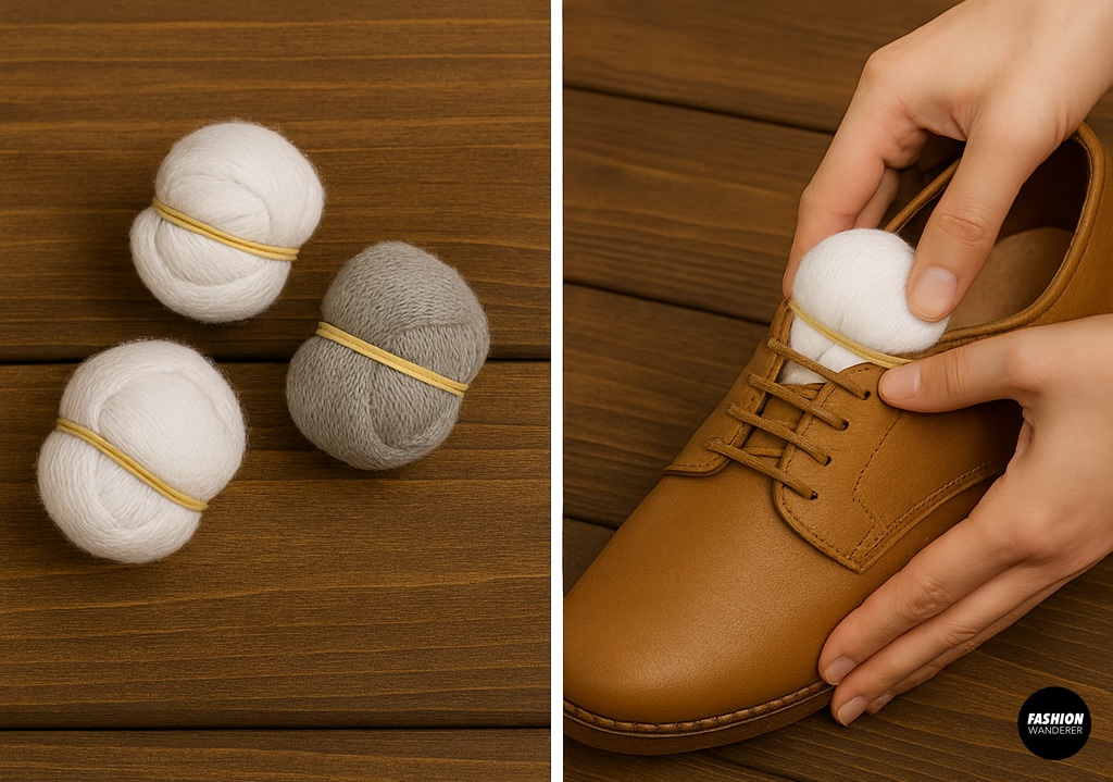 Step-by-step tutorial showing how to use rolled socks secured with rubber bands to stretch tight leather shoes.