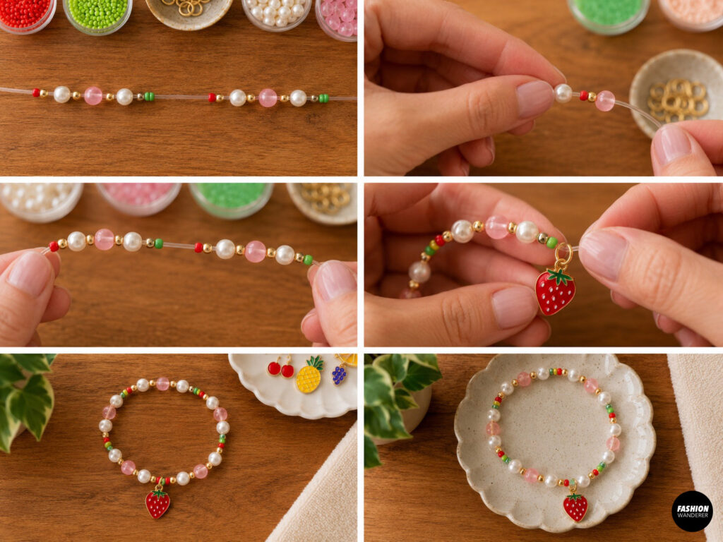 Diy strawberry pearl inspired beaded bracelet