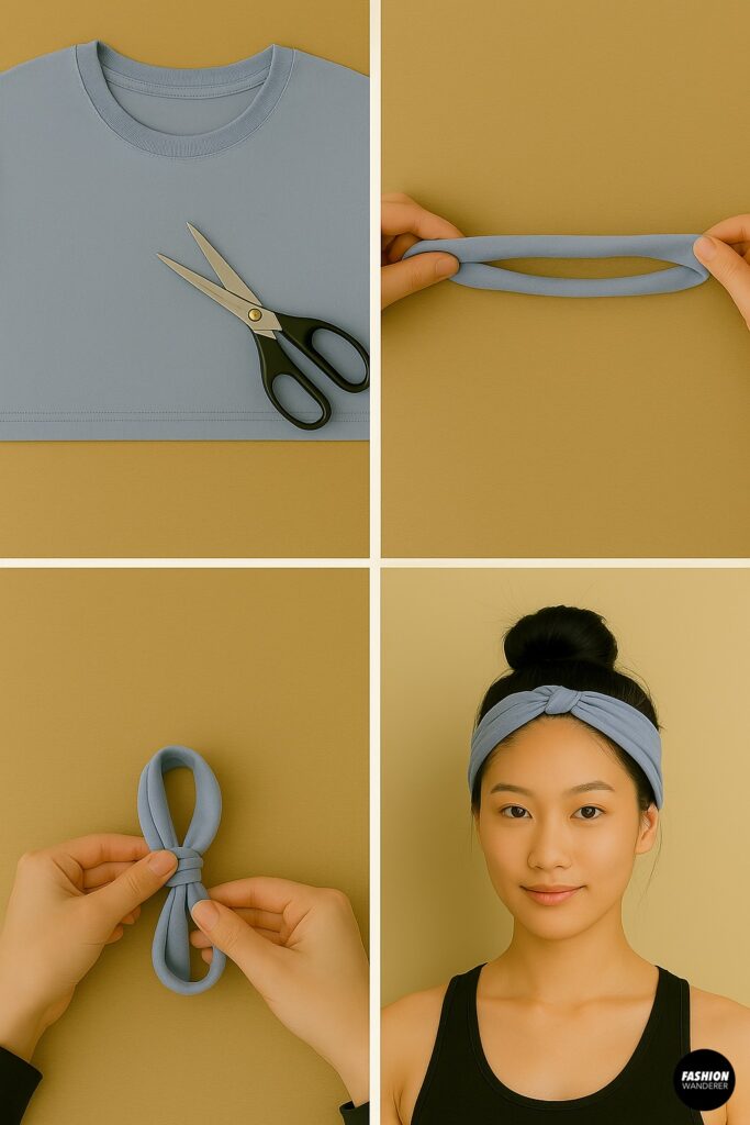 DIY no-sew T-shirt headband tutorial – cutting, twisting, and knotting fabric into a boho-style headband, modeled on a woman with a top bun hairstyle.
