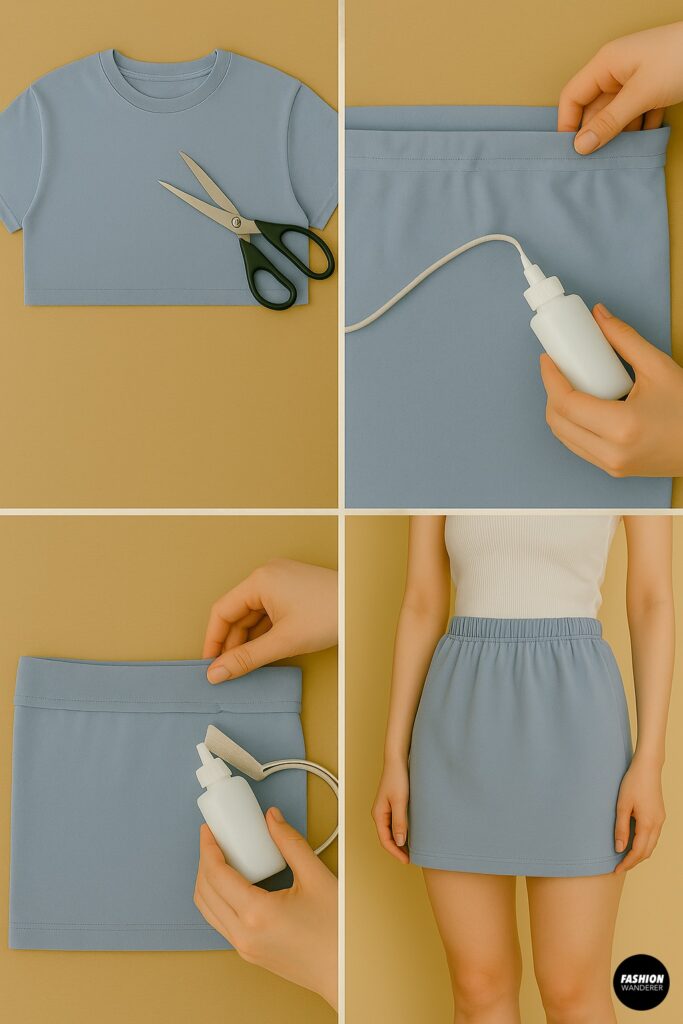 Step-by-step tutorial for making a no-sew T-shirt skirt using fabric glue and elastic waistband, shown in blue fabric and styled with a white tank top.