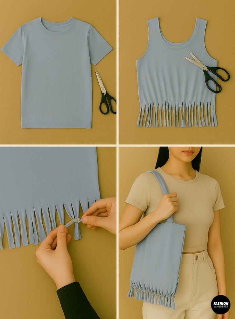 DIY tutorial collage showing how to cut and tie a blue T-shirt into a no-sew fringe tote bag, finished as a reusable casual shoulder bag.