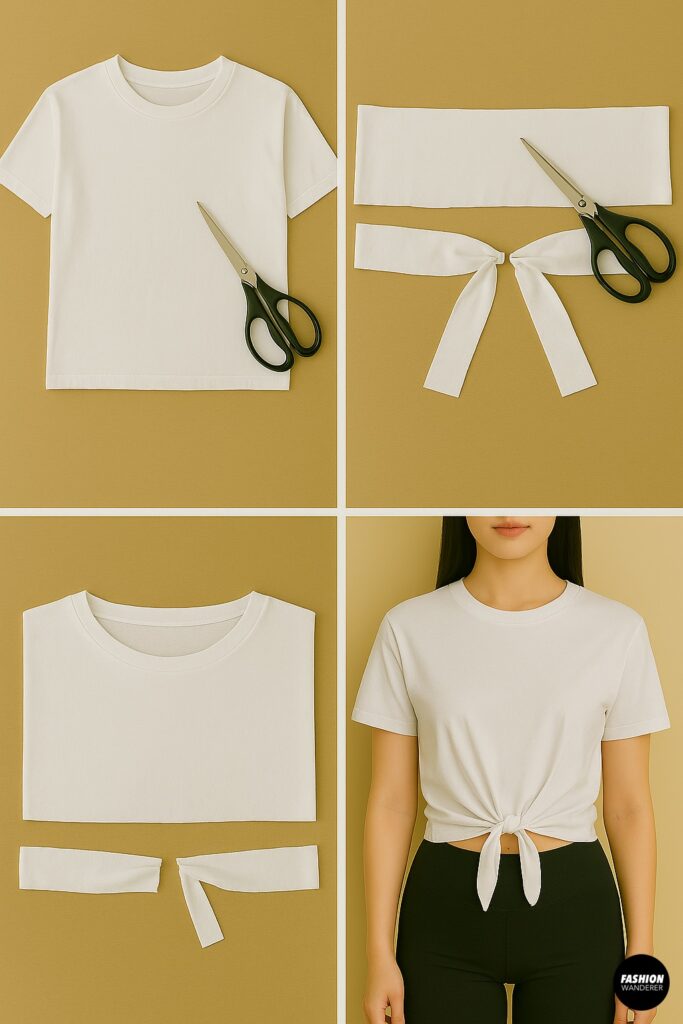 DIY tutorial showing how to cut and tie a T-shirt into a tie-front knot tee, with step images of fabric strips and final knotted top worn with black leggings.