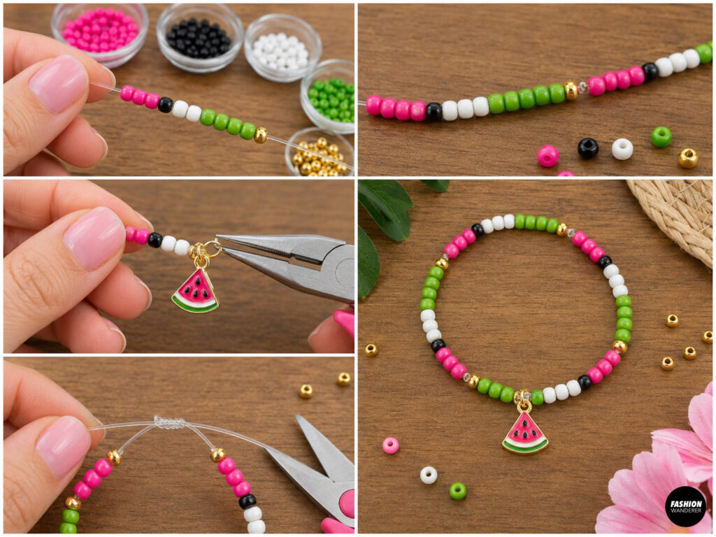 Diy watermelon color block inspired beaded bracelet