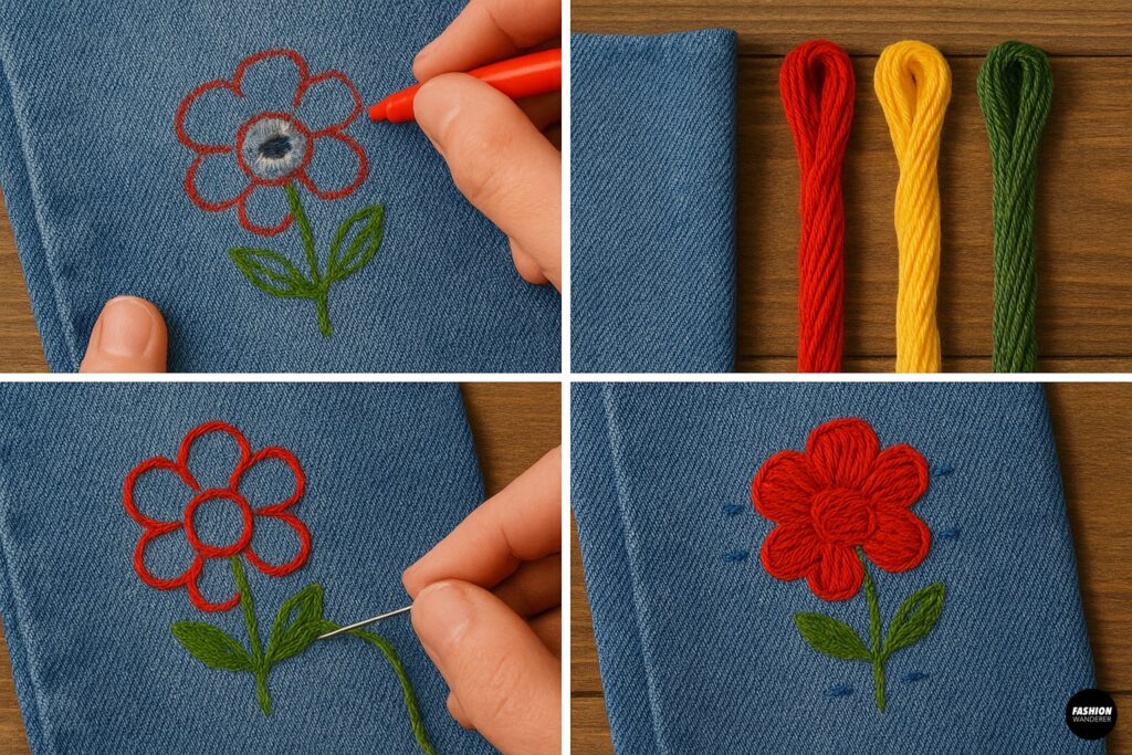 Collage tutorial of embroidered flower detail repair on denim, from drawing the design to stitching with red, yellow, and green embroidery floss, finishing with a vibrant floral patch.
