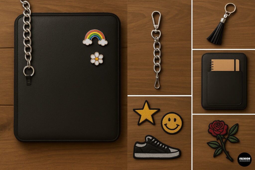 DIY laptop sleeve customization collage featuring enamel pins, keychains, tassel, fabric patches, and front pocket ideas for a personalized bag.
