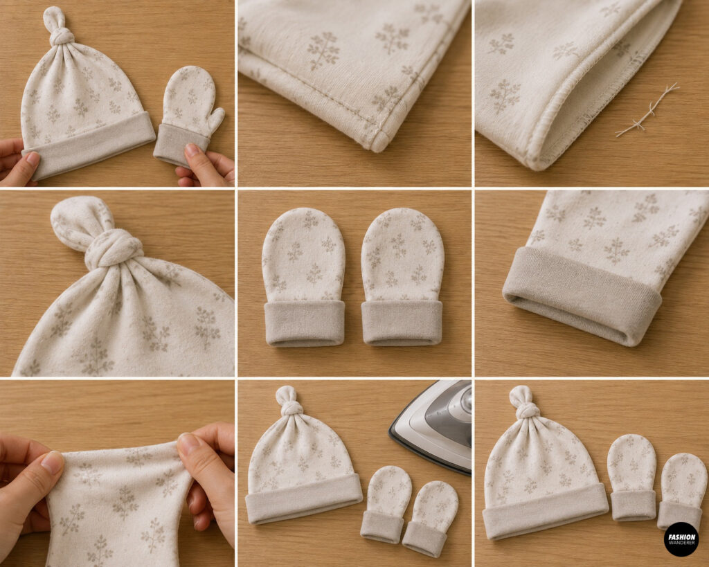 Finished DIY baby knot hat and mittens sewing project showing pressed seams, soft fold-over cuffs, secure stitching, and a completed handmade newborn gift set.