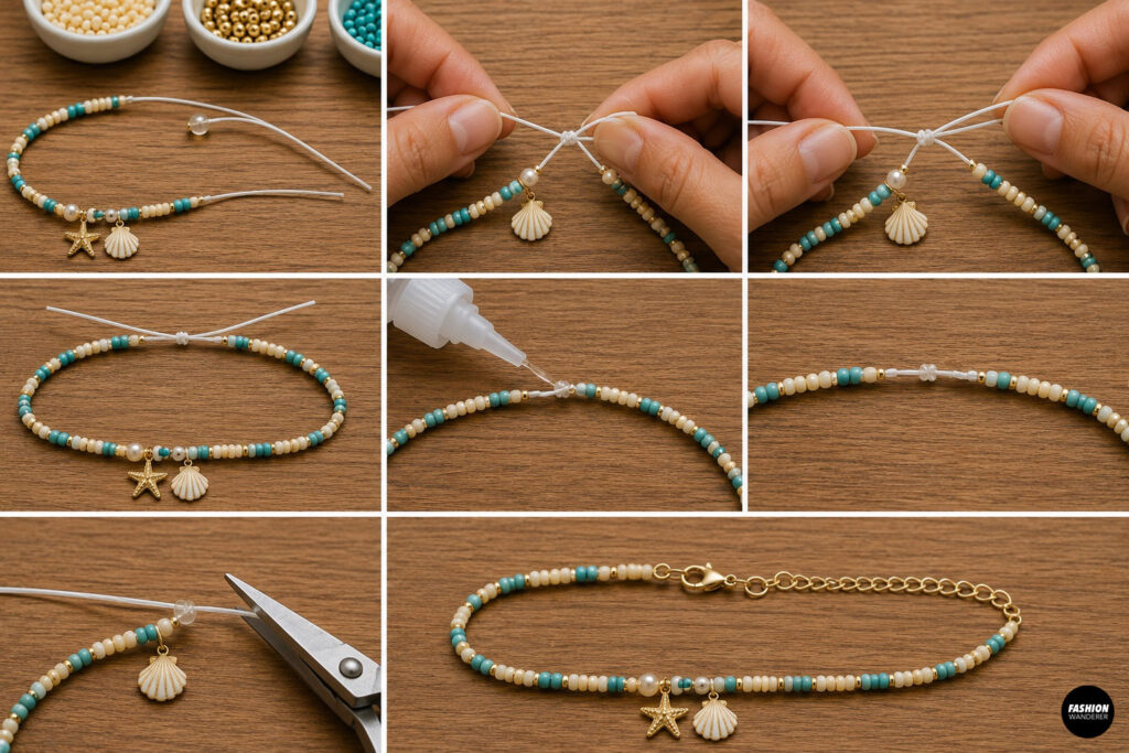 step 9 is to finish the beaded anklet