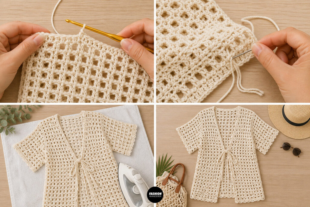 step 8 is to add finishing detail to the crochet Tie Front Beach Cover-Up