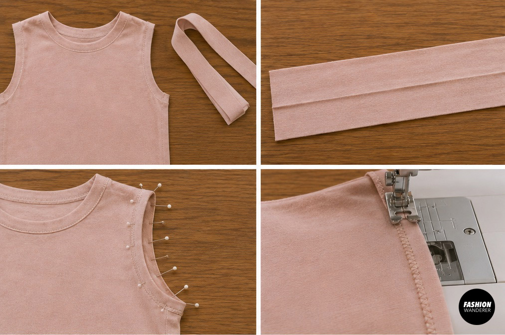 Applying knit armhole bands and topstitching the sleeveless arm openings for a clean finish on a handmade girls twirly dress.