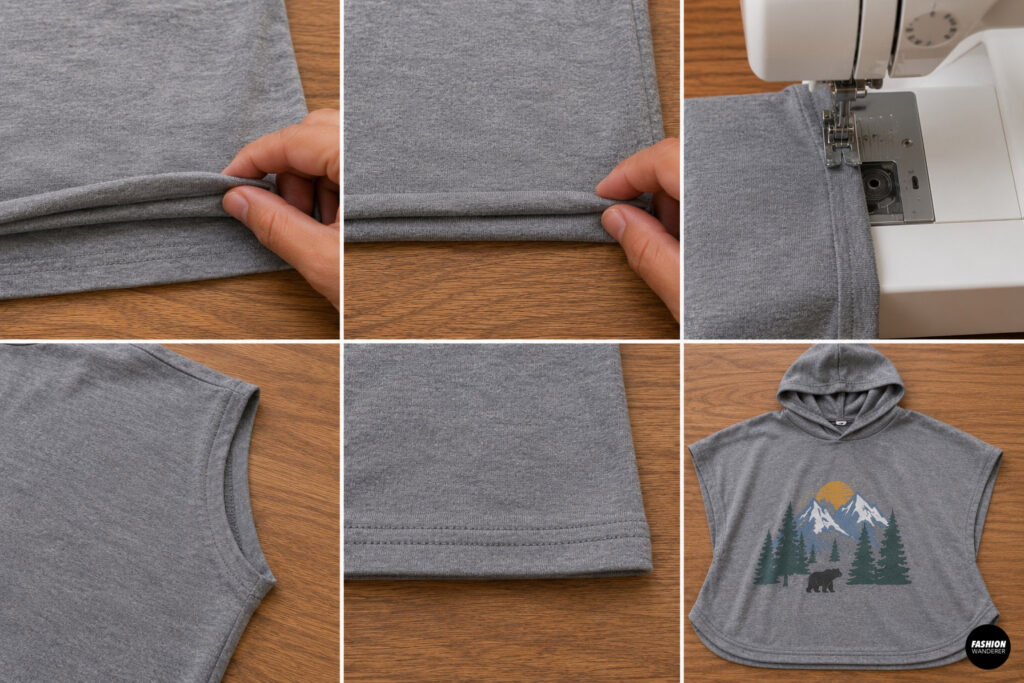 Six-photo tutorial showing how to finish the poncho by folding and topstitching the side edges and hem. Close-up images highlight clean knit hems and the completed gray hooded poncho with smooth finished edges.
