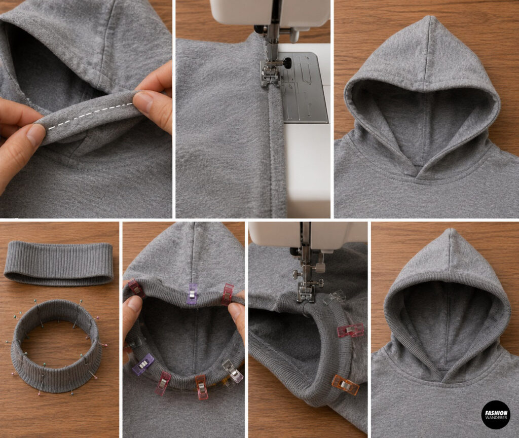 Seven-photo collage showing how to finish the hood opening by folding the edge inward, topstitching, attaching a rib knit band around the face opening, and creating a clean, professional hood finish for a DIY poncho.
