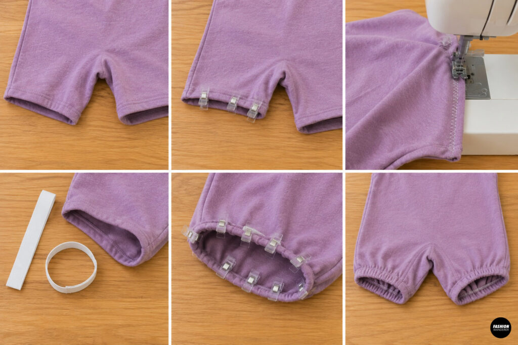 Step-by-step collage demonstrating how to stitch the leg openings of a lavender baby romper, prepare elastic, gather the leg openings, and complete both elasticized leg cuffs.