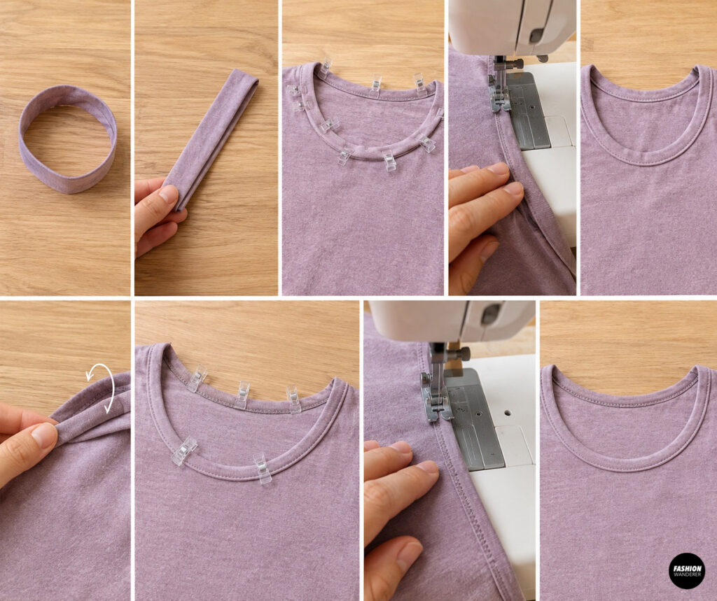 Step-by-step collage demonstrating how to fold and prepare a lavender knit neckband, clip it evenly around the neckline, sew it in place with a stretch stitch, and finish with a smooth, professional neckline.