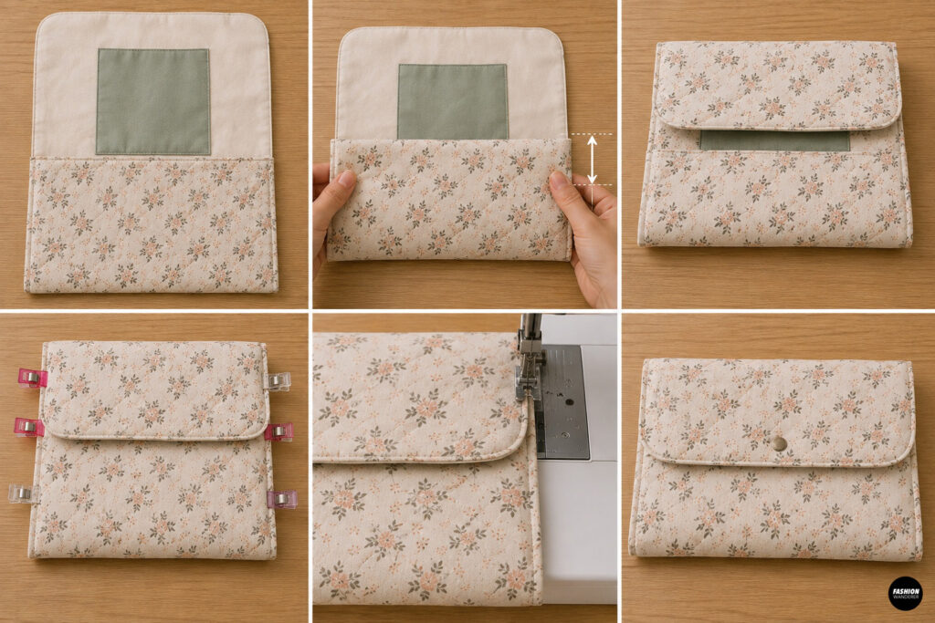 Floral quilted diaper and wipes clutch folded into shape, clipped at the sides, edge stitched, and finished with a rounded flap and snap closure.