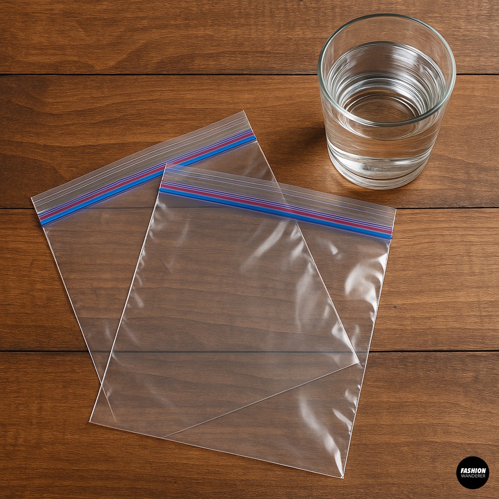 Two empty plastic ziplock bags and a glass of water on a wooden table for DIY shoe stretching method.