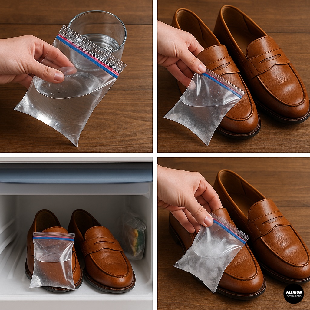 Step-by-step process of stretching leather shoes by placing water-filled bags inside and freezing them overnight.