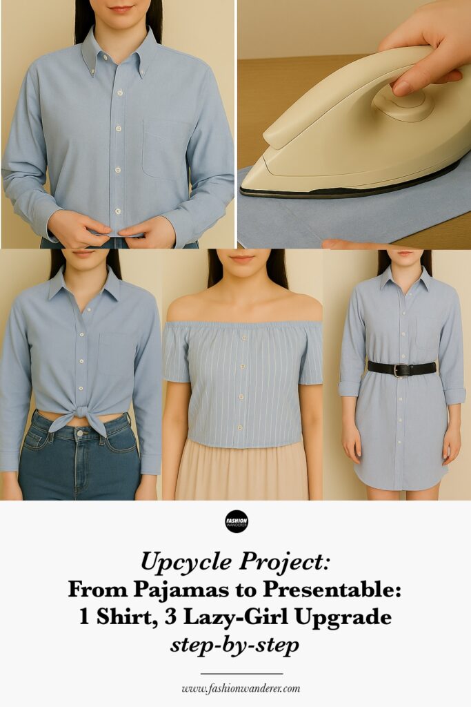 Pinterest style graphic showing how to transform one oversized shirt into three lazy-girl upgrades: knot-front crop top, off-the-shoulder blouse, shirt-to-dress upgrade, and a halter tie top variation.