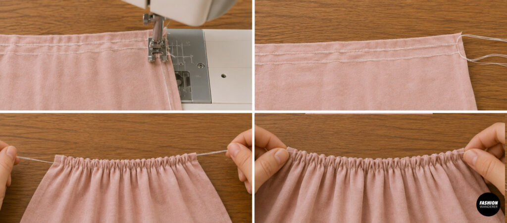 Sewing gathering stitches and pulling thread to evenly gather the knit skirt before attaching it to the bodice of a girls dress.