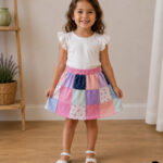 Smiling young girl wearing a colorful patchwork skirt sewn from recycled T-shirt scraps and paired with a white flutter-sleeve top. The handmade skirt features pastel pink, purple, blue, and floral fabric squares with a gathered elastic waistband for a fun, twirl-ready style.