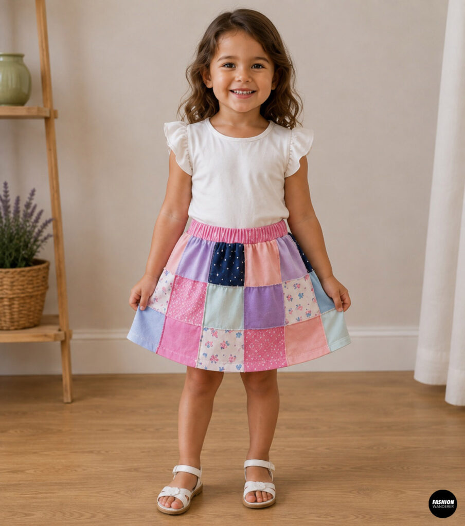 Smiling young girl wearing a colorful patchwork skirt sewn from recycled T-shirt scraps and paired with a white flutter-sleeve top. The handmade skirt features pastel pink, purple, blue, and floral fabric squares with a gathered elastic waistband for a fun, twirl-ready style.