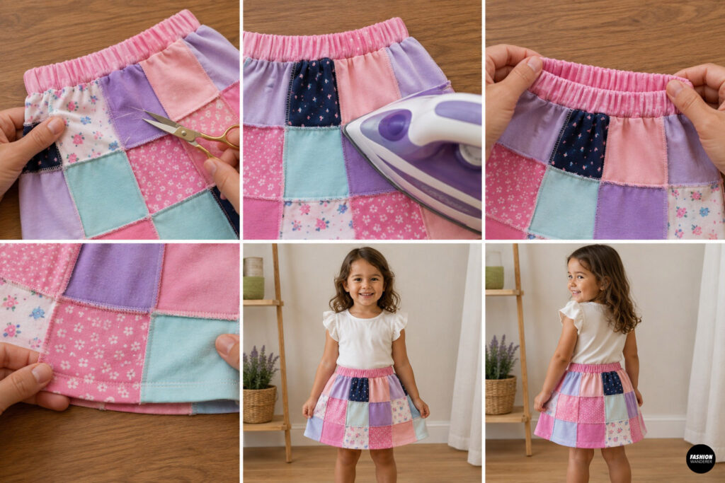 Collage demonstrating the final finishing steps for a handmade patchwork skirt. Loose threads are trimmed, seams are pressed with an iron, the elastic waistband is checked, close-up stitching is inspected, and a young girl models the completed colorful patchwork skirt from the front and back.