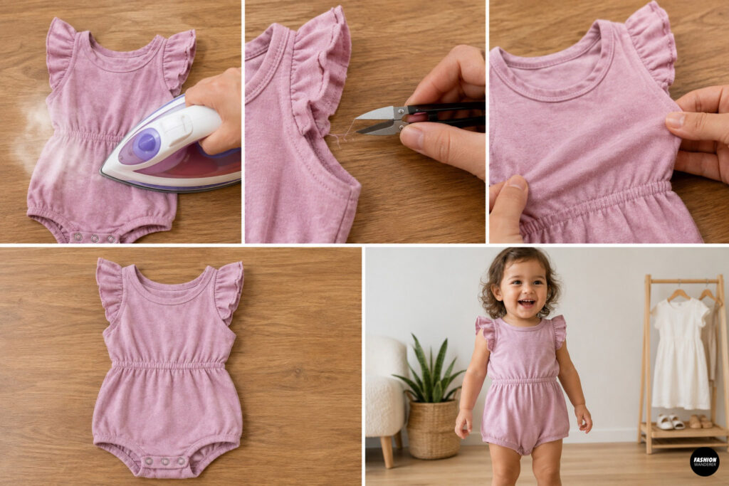 Final collage showing the finished lavender ruffle sleeve baby romper being steamed, loose threads trimmed, seams inspected, and modeled by a smiling toddler. The completed handmade romper has a polished, professional finish and is ready to wear.