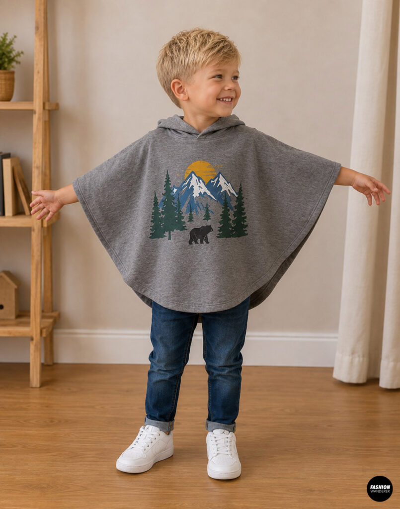 Young boy wearing a gray hooded poncho made from an upcycled graphic T-shirt featuring a mountain and forest print. The relaxed poncho is paired with blue jeans and white sneakers, creating a cozy and beginner-friendly DIY sewing project for kids.