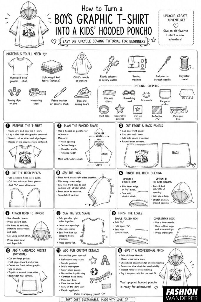 Black-and-white illustrated infographic showing how to turn a boys' graphic T-shirt into a kids' hooded poncho. The tutorial includes a materials list, optional supplies, and 12 beginner-friendly sewing steps covering preparing the shirt, cutting, sewing the hood, attaching it, finishing the edges, adding a pocket, decorating the poncho, and completing the project.