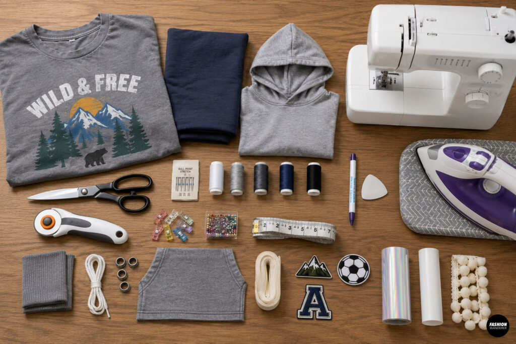Flat lay of sewing supplies for making a kids' hooded poncho from a graphic T-shirt. Items include a boys' graphic T-shirt, lightweight knit fabric, child-sized hoodie, sewing machine, scissors, rotary cutter, stretch needles, polyester thread, sewing clips, pins, measuring tape, fabric marker, tailor's chalk, iron, rib knit fabric, drawstring cord, grommets, kangaroo pocket, twill tape, decorative patches, heat transfer vinyl, and pom-pom trim.